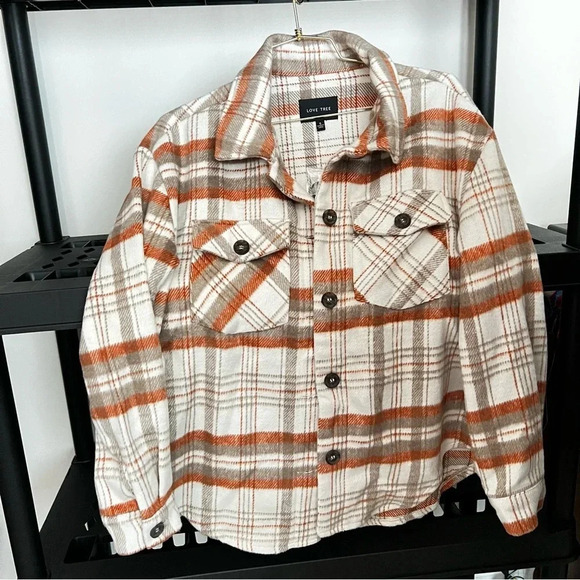 Love Tree Jackets & Blazers - Plaid Flannel Shacket Oversized Khaki Oatmeal Thick Soft Cozy Material Pockets